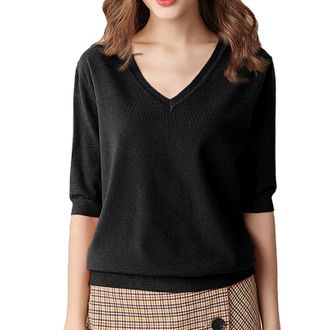 Generic Half Sleeve Sweater Women, Ladies Cashmere Jumpers, Casual V Neck Knitwear, Solid Color Tunic Pullover Ultra Soft Fall Jumper Basic Versatile Knitted 