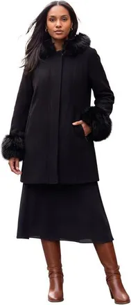 Jessica London Hooded Faux Fur Trim Coat in Black at Nordstrom, Size 12