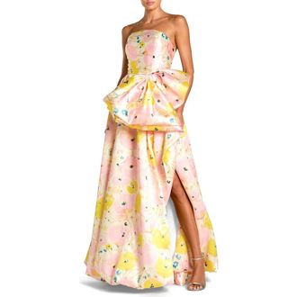 Mac Duggal Mikado Strapless Bubble Hem Ballgown With Bow in Pink Multi at Nordstrom, Size 14