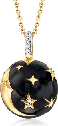 Ross-Simons Black Enamel and. White Topaz Moon and Stars Pendant Necklace in 18kt Gold Over Sterling