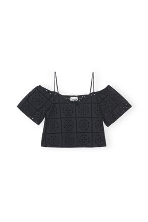 Ganni Black Broderie Anglaise Top - Size 10/12 Organic Cotton