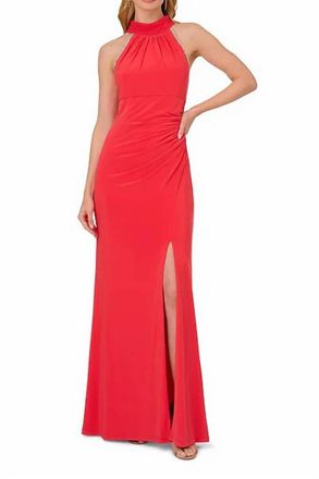 Adrianna Papell Jersey Chiffon Gown In Red Hibiscus (Melon)