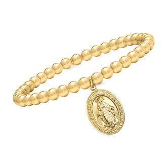 Ross-Simons Italian 18kt Gold Over Sterling Miraculous Medal Bead Stretch Bracelet