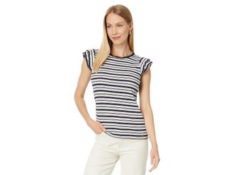 Tommy Hilfiger Stripe Ruffle Sleeve Top Womens Clothing Sky Captain : MD, Cotton/Elastane/Polyester