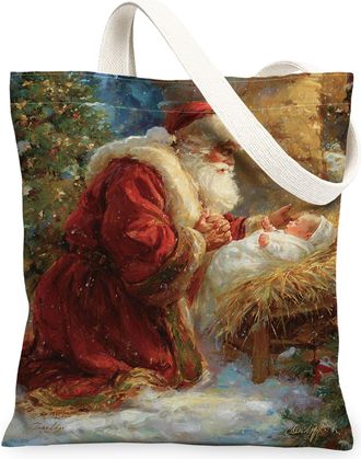 Generic Vintage Christmas Canvas Tote Bags, Classic Santa Design Reusable Grocery Bags, Lightweight Washable Shoulder Strap for Hol, Red, 13x15 Inch