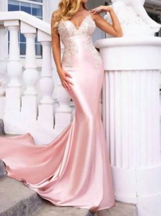 Portia & Scarlett Beaded And Lace Satin Prom Dress In Blush