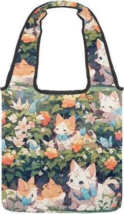 Generic Cute Cartoon Kitten Reversible Canvas Shoulder Tote - Double-Sided Print, 12oz Cotton, 27cm Drop, Fold-Flat Bag for Travel, Shopping, Street Outings