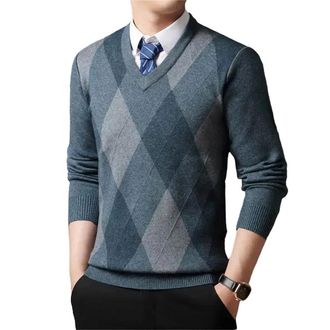 Generic Mens Plaid V Neck Knit Pullover Sweater Long Sleeve Warm Soft Casual Fashion Knitwear Winter Jumper Blue