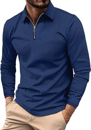 Generic Long Sleeve Polo Shirts Mens Breathable Quick Dry Workout Golf Gym Sports T-Shirt Casual Quarter Zip Collared Tennis Tops, Z02-Navy, XL