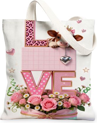 Generic Cute Cow Love Canvas Tote Bags, Floral Heart Pattern Reusable Grocery Bags, Lightweight Washable Shoulder Strap Canvas for, White, 13x15 Inch