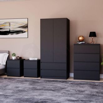 Home Discount Home Discount - 4 Piece Denver Bedroom Set, 2 Drawer Large Bedside Chest x 2, 4 Drawer Chest, 2 Door 2 Drawer Wardrobe, Black