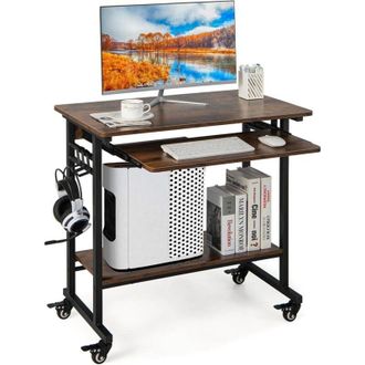 Costway Costway Mesa Escritorio Con Ruedas, Escritorio Industrial Con Bandeja Extra&iacute;ble Para Teclado, 3 Ganchos, Estante De Almacenamiento, Mesa De Ordenador 