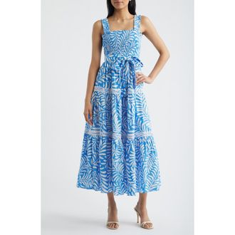 Anne Klein Floral Print Linen Blend Midi Dress in Seaport/Crispt White at Nordstrom, Size X-Small