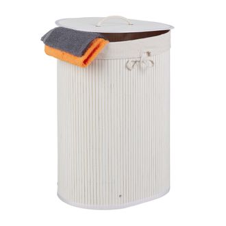 Relaxdays Cesto Ropa Sucia Ovalado Tapa, Cubo Colada Bamb&uacute;, Saco Lavander&iacute;a Extra&iacute;ble, 55x42x32cm, Blanco - Relaxdays