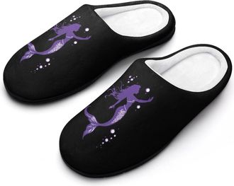 Generic Purple Mermaids Silhouette Mens Slippers Slip On Comfortable Fleece Cotton House Shoes Winter