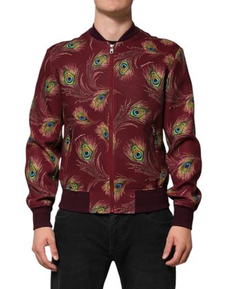 Dolce & Gabbana Mens Maroon Peacock Feather Print Bomber Jacket Polyester Elastane Clothing