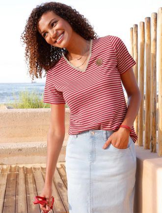 Casual Looks V-Shirt CASUAL LOOKS Ringelshirt, Damen, Gr. 36, erdbeere, sand, geringelt, 100% Baumwolle, gemustert, gestreift, mehrfarbig, V-Ausschnitt, Shirts V-S