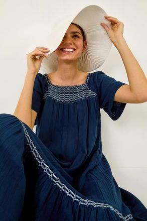 Roman Embroidered Cotton Midi Smock Dress