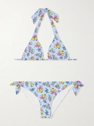 Dolce & Gabbana Bikini A Triangolo Floreale Con Logo - Blu