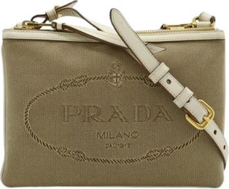 Prada Pre-owned Cross Body Bags, female, Beige, Size: ONE SIZE Pre-owned Logo Jacquard Leather 2way Shoulder Bag