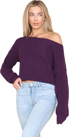 Janisramone Womens Long Sleeve Off Shoulder Jumper, Slash Neck Cable Knitted Cropped Pullover Sweater, Winter Oversized Baggy Ladies Jumpers Purple
