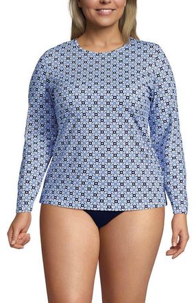 Lands End Crew Neck Long Sleeve Rash Guard UPF 50 Swim Tee in Lake Blue Geo Floral at Nordstrom, Size 3X