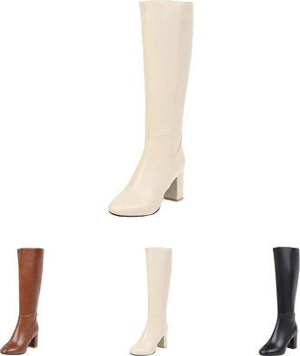 Generic Womens Knee High Boots Ladies Mid High Chunky Block Heel Boots with Side Zipper Comfortable Square Toe Straight Leg Tall Boot for Daily, Dating, Weddi