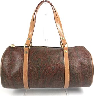 Etro Red Color Leather Canvas Boston Bag Handbag Tote Bag (Pre-Owned)