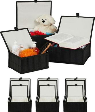 Relaxdays Set De 12 Cestas De Almacenaje, Con Tapa, Funda Textil, Bamb&uacute;, Decorativo, Color Negro