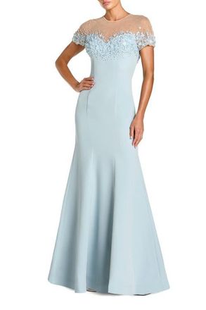 Mac Duggal Womens Mermaid Crepe Gown With Beaded Illusion Neck in Powder Blue at Nordstrom, Size 14