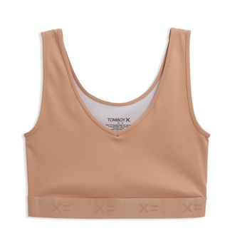 TomboyX V Neck Compression Bra, Chest Binder Alternative, Full Coverage Medium Support, Athletic Sports Bra, (XS-4X), Chai, XXL