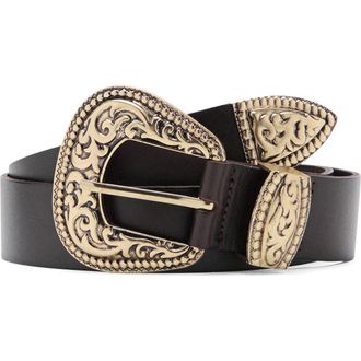 Mango Engraved Buckle Leather Belt in Chocolate at Nordstrom, Size Small