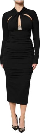 Dolce & Gabbana Zwarte Sheath Midi Jurk Keyhole Halslijn - Dames - Casual kleedjes - Zwart - S - Nylon - Kleedjes