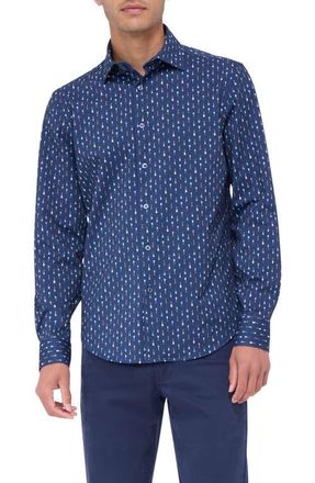 Bugatchi Jimmy OoohCotton Guitar Print Button-Up Shirt in Navy at Nordstrom, Size Xxx-Large