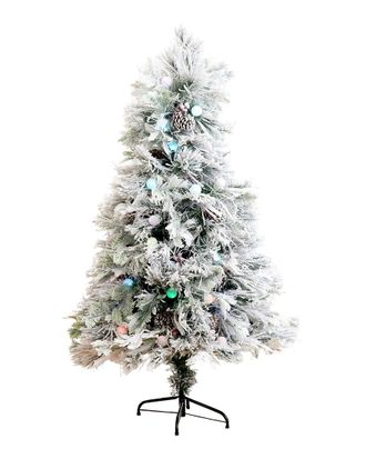 Nearly Natural 5Ft Flocked Pre-Lit Fiber Optic Artificial Pinecone & Berries Christmas Tree With 50 Colorful Bubble-Gum Led Ligh