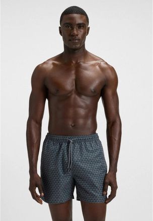 HUGO BOSS Mens Vibe Geometric Print Swim Trunks, Open Grey