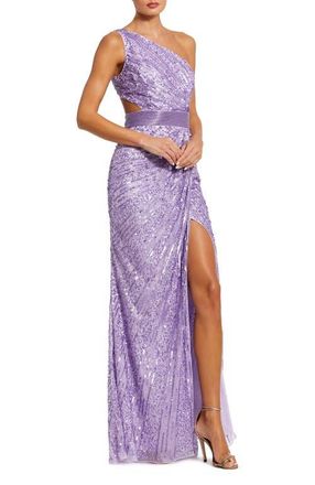 Mac Duggal Sequined One Shoulder Draped Lace Up Gown in Lilac at Nordstrom, Size 12