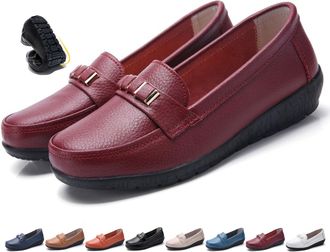 Generic Classic Womens Leather Loafers Lightweight Orthopedic Comfort Slip-On, Non-Slip Wedge Sole Work Walking Moccasins Shoes (6.5,Burgundy)