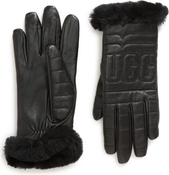 UGG Logo Quilted Leather & Genuine Shearling Gloves in Black at Nordstrom Rack, Size Medium