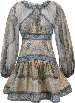 Zimmermann Cotton-Silk Mini Dress with Billow Sleeves and Paisley Pattern