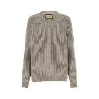 Gucci Geribbelde trui van wol en kasjmier - Dames - V-hals truien - Grijs - M - Wol - Truien & Vesten