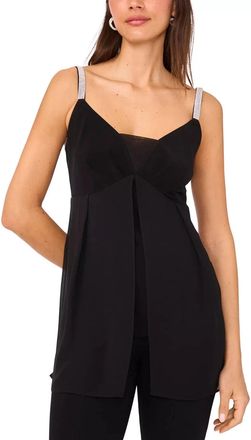 MSK Msk Tunic Top Womens Black Rhinestone Strap V-Neck Overlay Blouse PAL149
