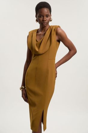 Karen Millen Womens Tailored Drape Midi Pencil Dress - Gold - Size 14 UK