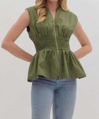 Entro Sleeveless Smocked Waist Peplum Top In Olive