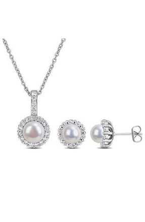 Delmar Cultured Pearl & Cubic Zirconia Halo Pendant Necklace & Stud Earrings Set in Silver at Nordstrom Rack