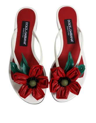Dolce & Gabbana Womens Red White Keira Flower Leather Sandals Shoes And Calf
