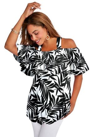 Jessica London Stretch Knit Cold Shoulder Ruffle Tunic in White Palm Garden at Nordstrom, Size 16