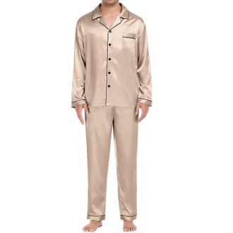 Generic Mens Satin Pyjamas, Long Sleeve Satin Pyjamas, Pocket, Short Sleeve Top, Long Trousers, Home Suit, Long Sleeve Pyjama Set with Button Placket, Sleepwe