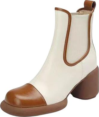 Generic Ankle Boots For Women Chunky Block Heel Round Toe Elastic Side Color Block Boots Ladies Elegant Lightweight Casual Shoes Autumn Winter Size 5.5