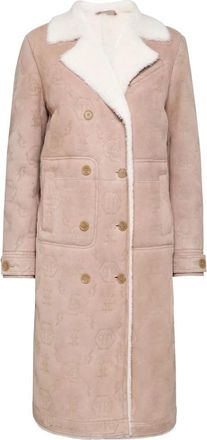 Philipp Plein Shearling Leren Lange Jas Monogram - Dames - Mantel - Beige - S - Jassen